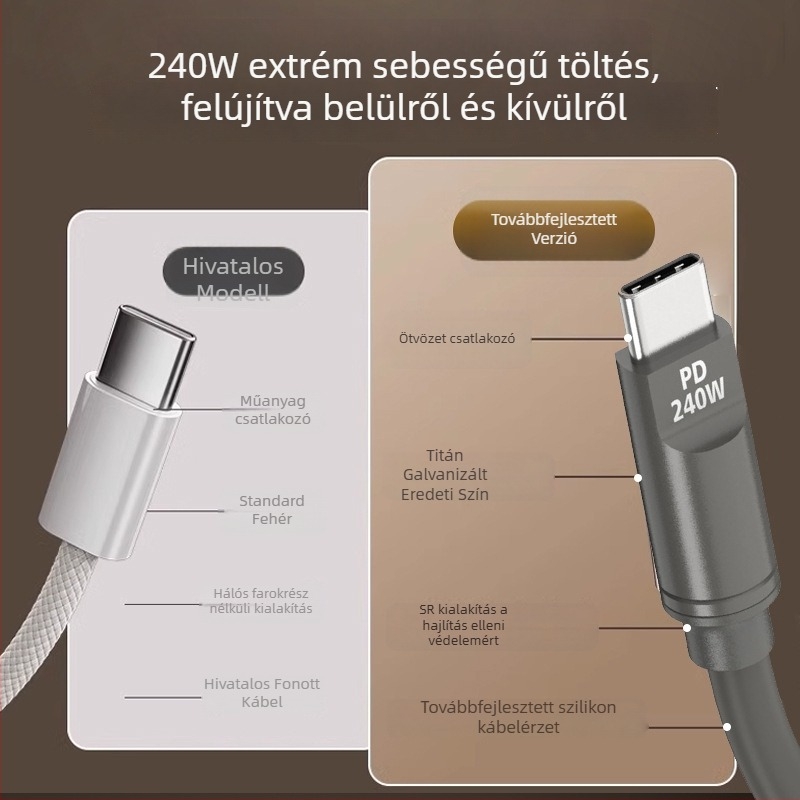 PD240W szilikon adatkábel gyors töltéssel, Lightning és USB-C csatlakozókkal, 1–2 m, barna, kompatibilis laptopokkal, tablettákkal és okostelefonokkal