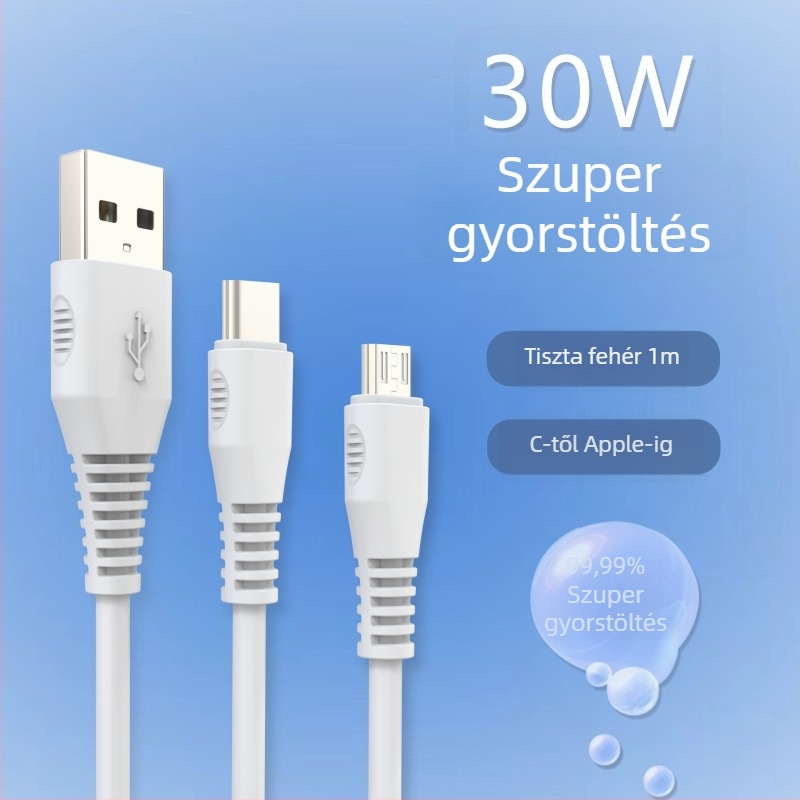 Lightning–to–Micro USB töltőkábel, 30W gyorstöltés, 1–2 m, fehér, laptopok és tabletekhez