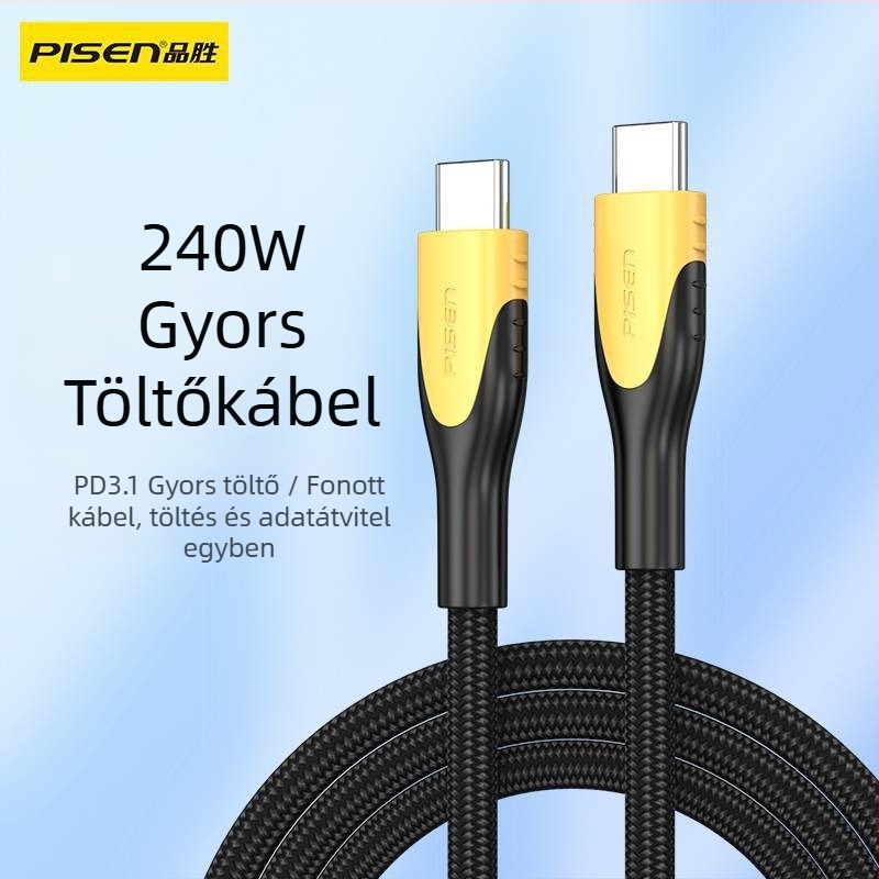USB-C adatkábel, Type-C interfész, 240W max, gyors töltés, egyfejű kialakítás, műanyag burkolat