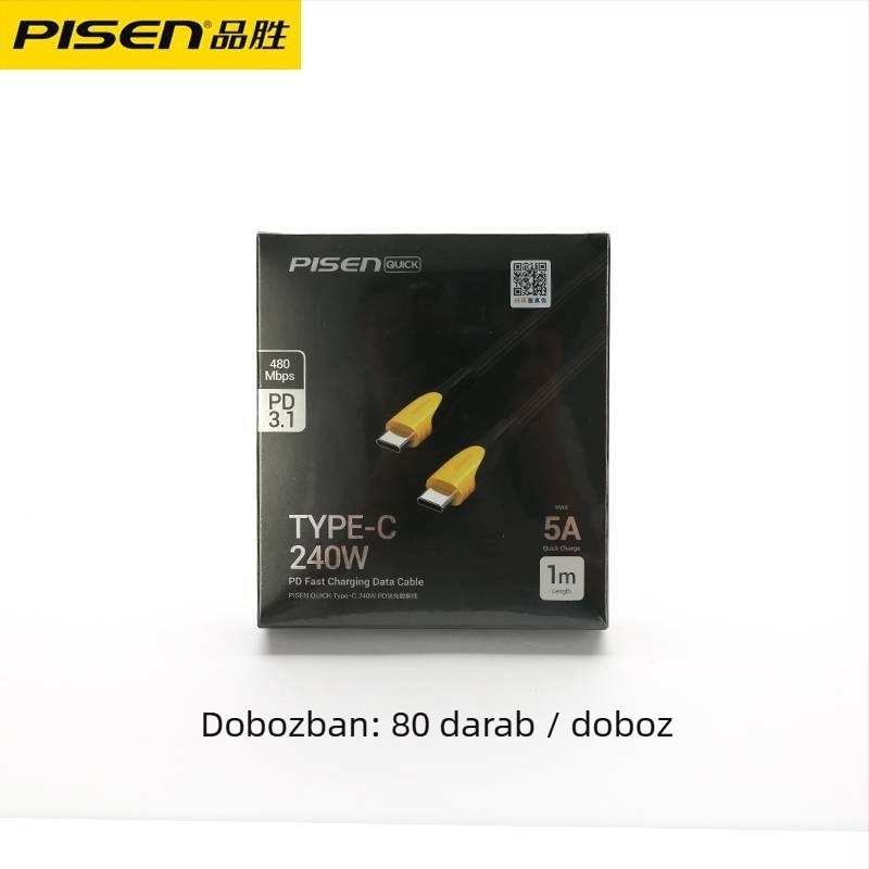 USB-C adatkábel, Type-C interfész, 240W max, gyors töltés, egyfejű kialakítás, műanyag burkolat