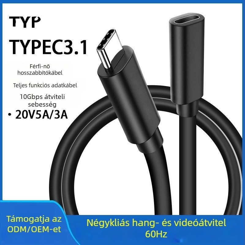 USB-C 3.1 teljes funkciós adatkábel audió/videó átvitelre, 4K60Hz, USB-C férfi-női hosszabbító, 16 vezető