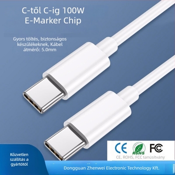 Type-C-től Type-C-ig kábel E-marker chippel, 100W PD gyors töltés, TPE anyag