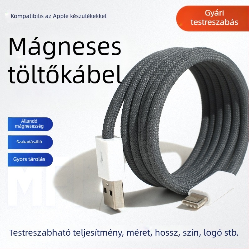 Mágneses 3 az 1-ben töltő- és adatkábel Apple- és Android-eszközökhöz, Lightning, Micro USB és USB-C csatlakozókkal, 1–2 m hosszú