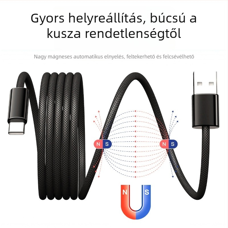Mágneses 3 az 1-ben töltő- és adatkábel Apple- és Android-eszközökhöz, Lightning, Micro USB és USB-C csatlakozókkal, 1–2 m hosszú
