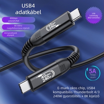 USB4 Type-C kábel Thunderbolt 5-támogatással, 40Gbps, 240W gyorstöltés