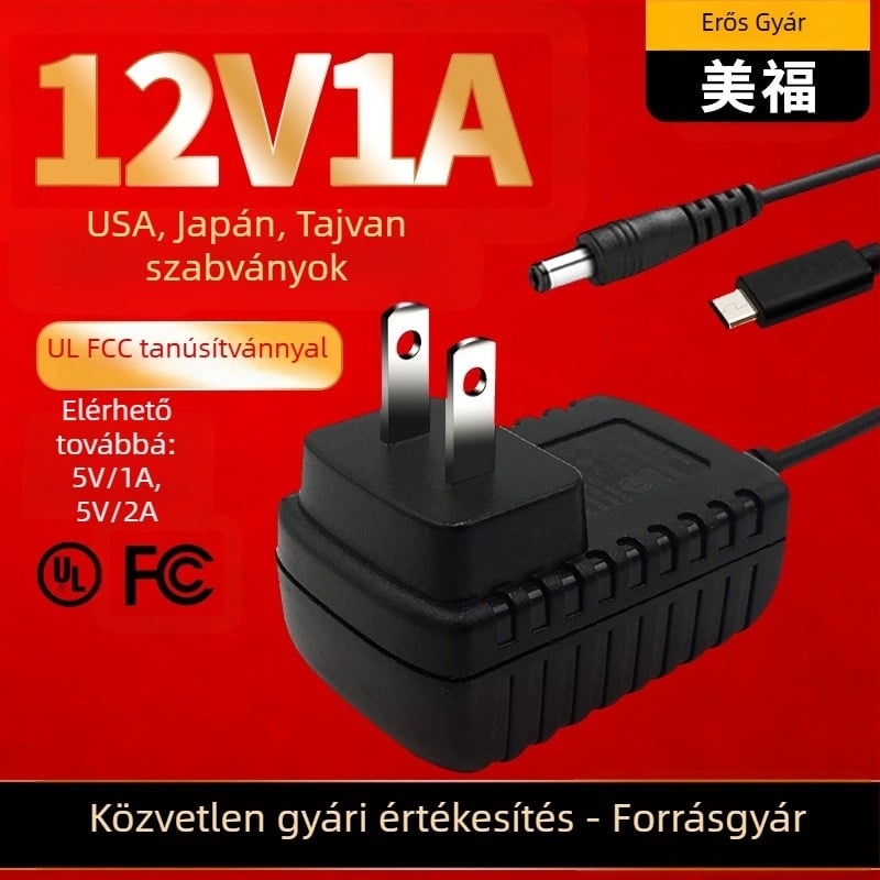 12V 1A töltőadapter — USA, japán és tajvani szabványok; manikűr- és kozmetikai eszközök töltője, masszírozó, kompakt háztartási készülék
