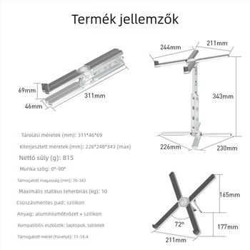 Notebook multifunkcionális állvány: forgatható, magasságban állítható, összecsukható és levehető, kompatibilis minden notebook modelllel