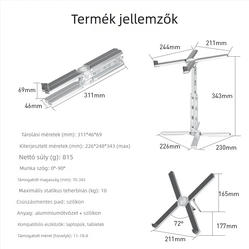 Notebook multifunkcionális állvány: forgatható, magasságban állítható, összecsukható és levehető, kompatibilis minden notebook modelllel