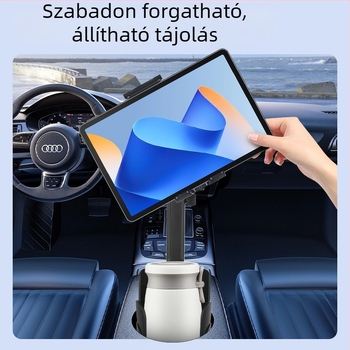 Autó központi konzoljára szerelhető telefontartó pohártartóval, navigációs pad és tabletatartó — univerzális, 4–12 hüvelykes készülékekhez, az első utas számára