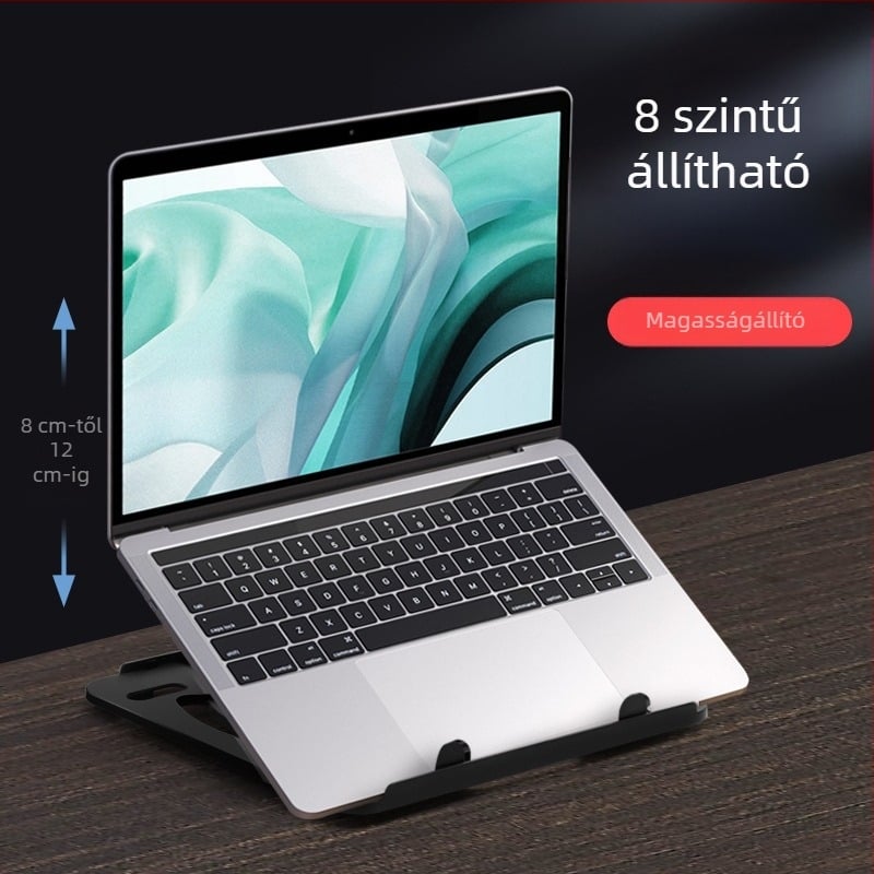 360°-os forgó, összecsukható laptop-tartó, állítható magasságú, fém szerkezet, hűtőalap.