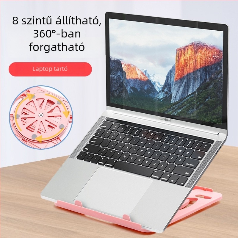 360°-os forgó, összecsukható laptop-tartó, állítható magasságú, fém szerkezet, hűtőalap.