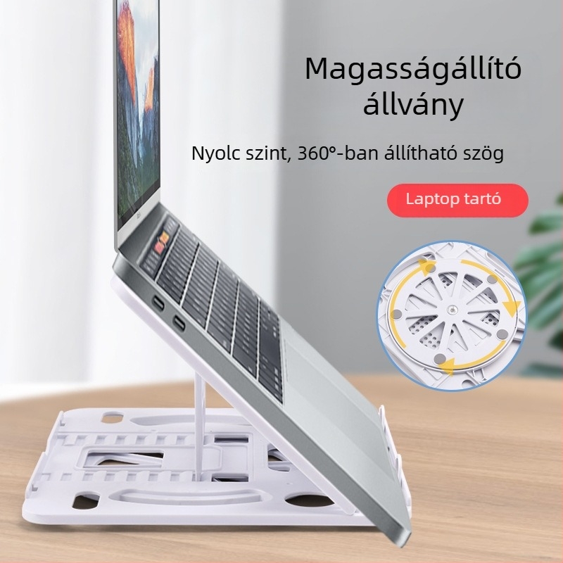 360°-os forgó, összecsukható laptop-tartó, állítható magasságú, fém szerkezet, hűtőalap.