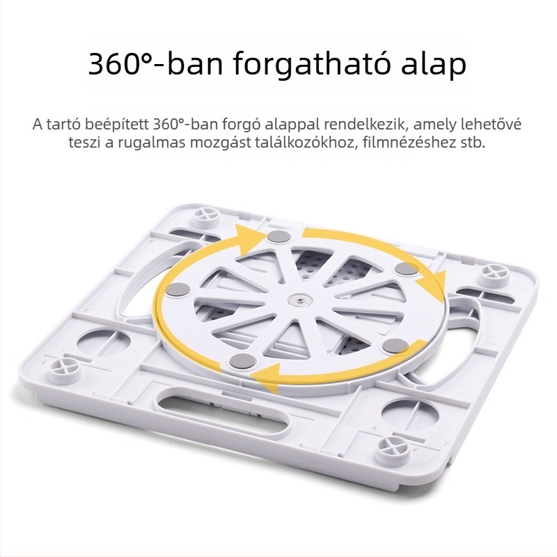 360°-os forgó, összecsukható laptop-tartó, állítható magasságú, fém szerkezet, hűtőalap.