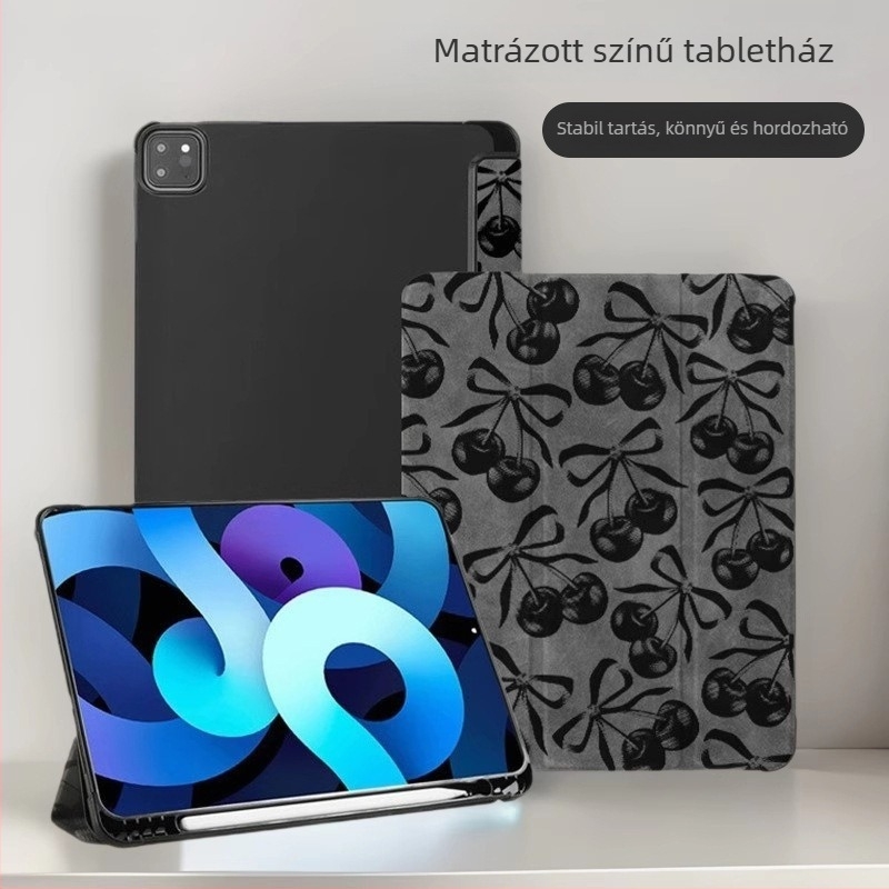 Hárompaneles iPad tok cseresznyés mintával - mesterséges bőr, matt felület, mágneses záródás, ütésálló védelem, kompatibilis az iPad 7-9 generációval, alvás/ébredés funkció