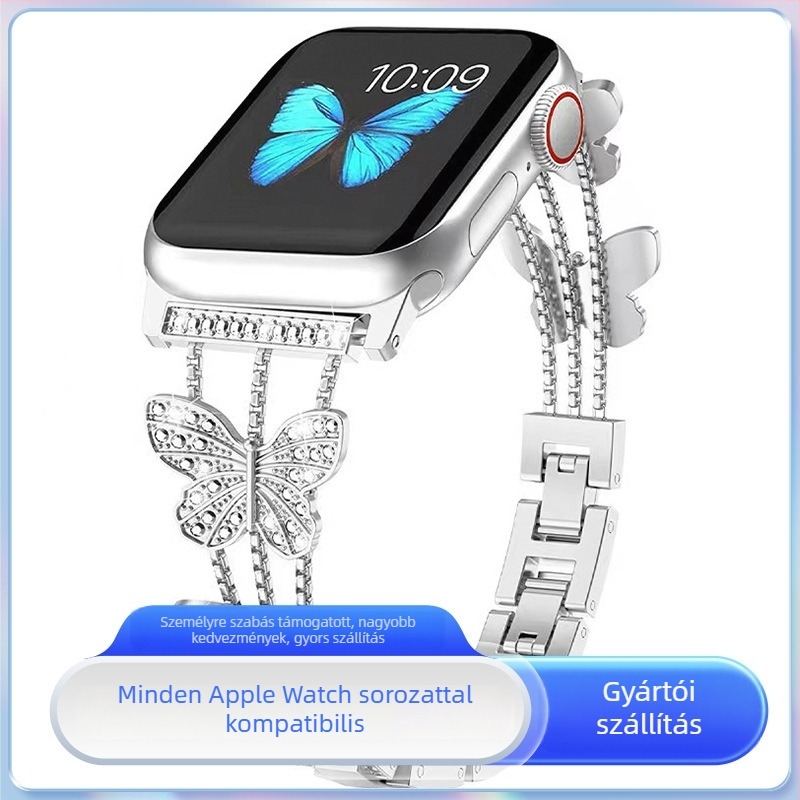 Fém óraszíj Apple Watchhoz pillangóbetéttel, kompatibil minden sorozathoz.