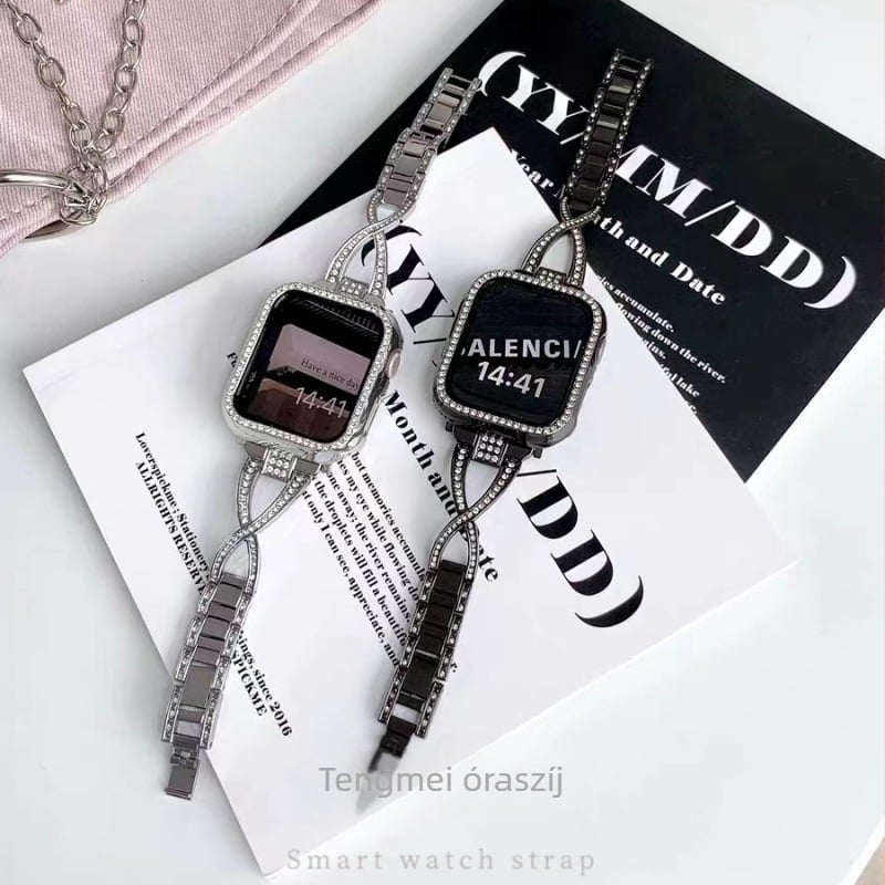 X alakú, dupla soros gyémántos fém óraszíj Apple Watchhoz, vékony profilú, kompatibilis az Apple Watch Series 8 és 9-tel.
