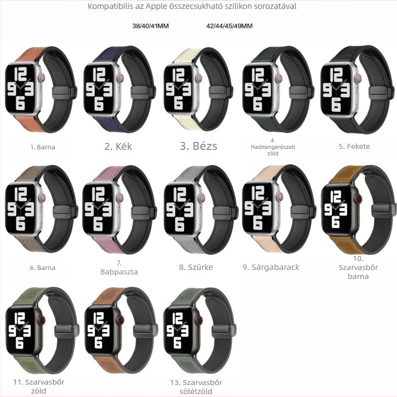 Apple Watch 1–9 generációkhoz 22 mm széles szíj, szilikonbőr textúra, mágneses csat