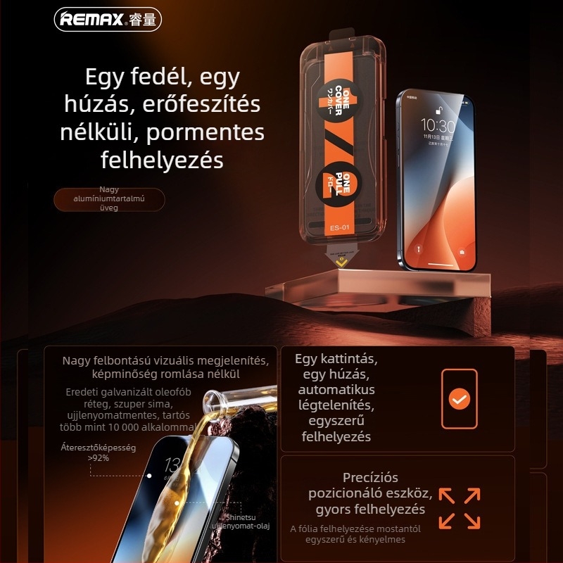 Remax iPhone 17-hez készült HD felbontású edzett üveg képernyővédő, magánélet védelme, 16 másodperces felhelyezési készlet, 15 darabos készlet