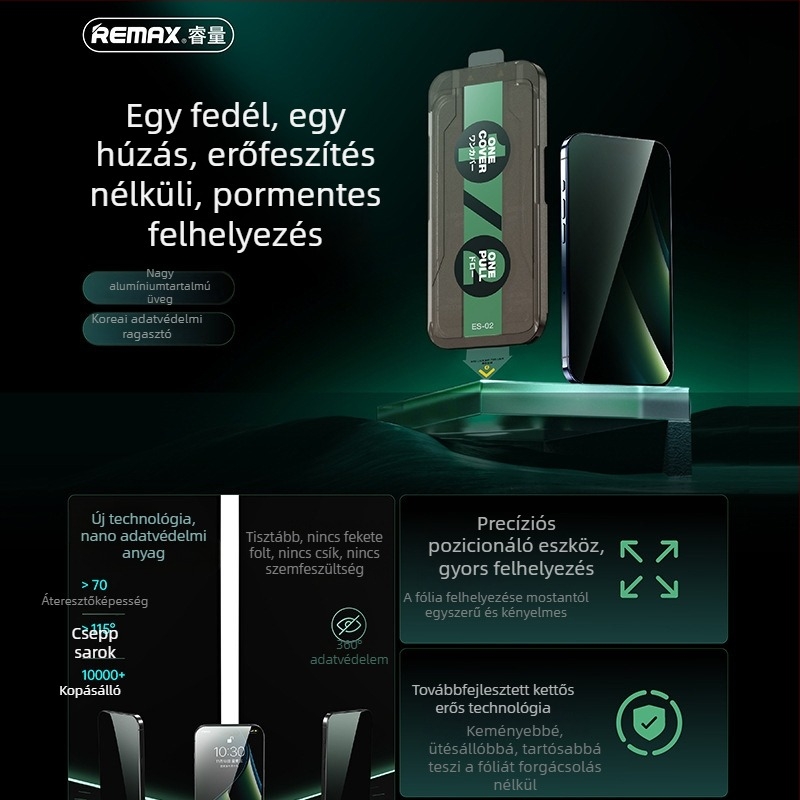 Remax iPhone 17-hez készült HD felbontású edzett üveg képernyővédő, magánélet védelme, 16 másodperces felhelyezési készlet, 15 darabos készlet