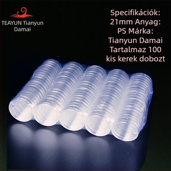 Emlékérme-doboz, átlátszó műanyag, kerek alakú; anyag: PS; csomagolás: műanyag zárófedél; nem ajándék