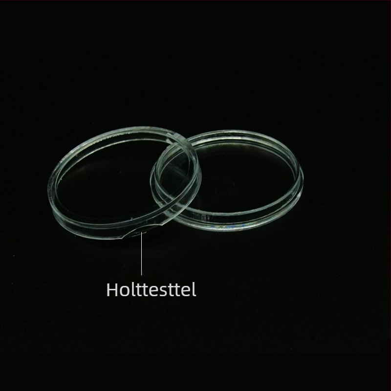 Emlékérme-doboz, átlátszó műanyag, kerek alakú; anyag: PS; csomagolás: műanyag zárófedél; nem ajándék