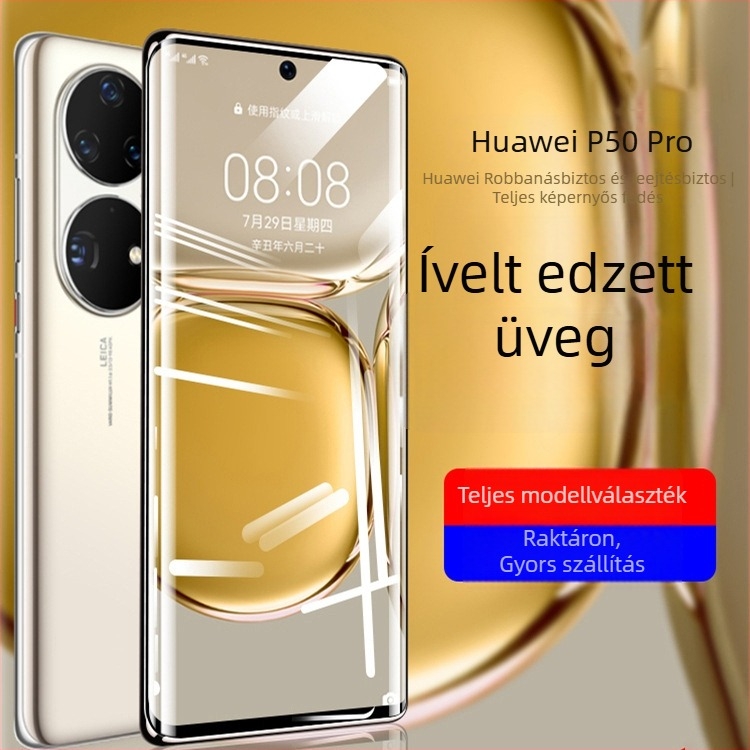 Huawei P50-re tervezett edzett üveg kijelzővédő, ívelt élű, magánéletvédelmi fólia, HD élesség és kékfény elleni védelem