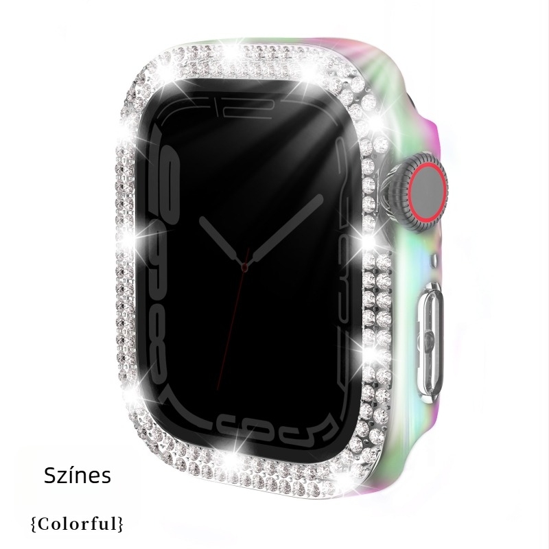 Apple Watch Series 7 kompatibilis tok, PC anyagú tok, elektroplatírozott gyémánt díszítéssel és dupla sor gyémántokkal