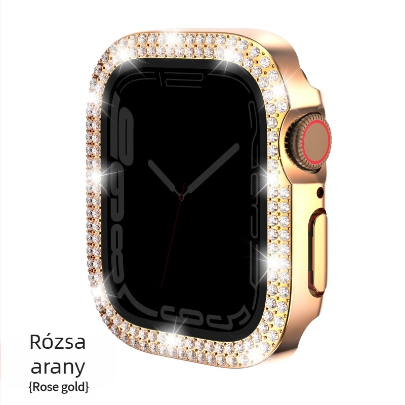 Apple Watch Series 7 kompatibilis tok, PC anyagú tok, elektroplatírozott gyémánt díszítéssel és dupla sor gyémántokkal