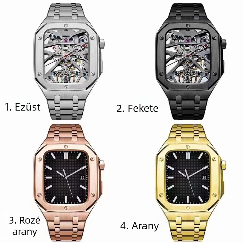 Apple Watch rozsdamentes acél tokkal és szíjjal – egységes kialakítás, öt összekötő elemmel (AP módosított)