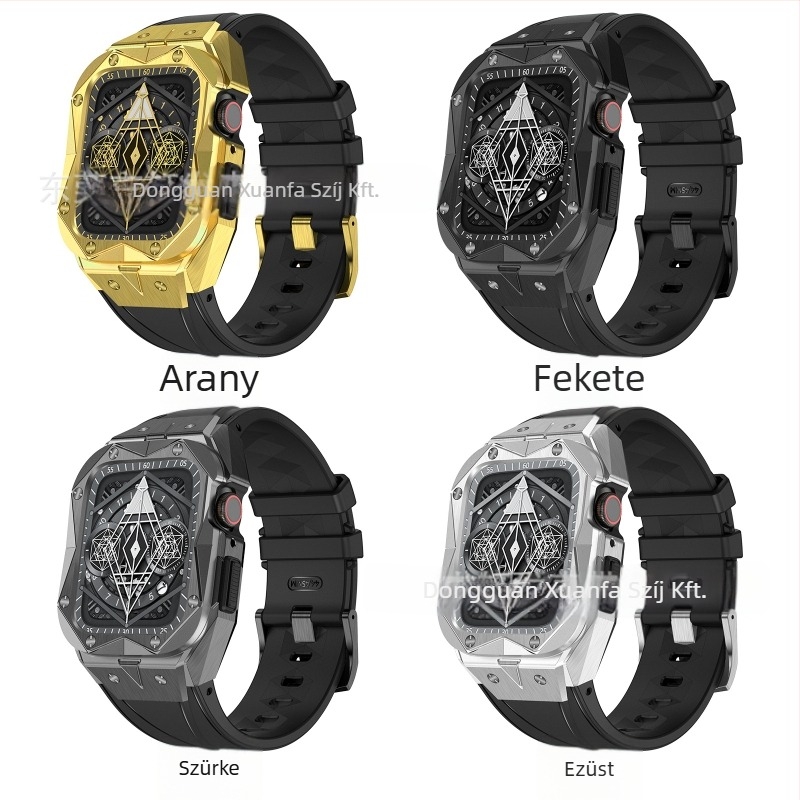 Rozsdamentes acélból készült védőtok integrált szíjjal Apple Watch-hoz, kompatibil 45678SE; súly 76 g.