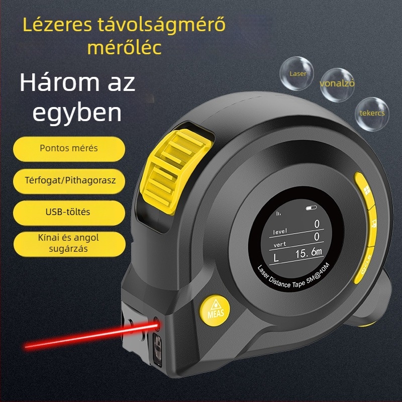 Három az egyben lézeres mérőszalag IR-digitális kijelzővel, 40 m hatótávolság
