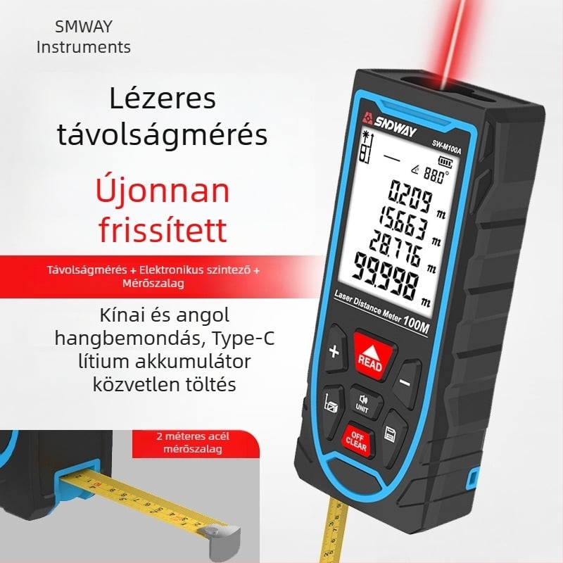 Újratölthető lézeres távolságmérő, infravörös mérés, 50 m-ig
