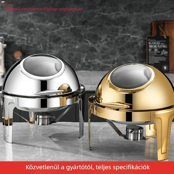 Rozsdamentes acélból készült kör alakú büfé eszköz vizuális kinyíló fedéllel és hidraulikus emeléssel, négy lábú önkiszolgáló, elektromos és alkohollal történő fűtés, luxus hotel modell, logó nyomtatás elérhető