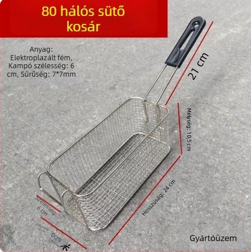 Elektromos fritőz olajszabályozó kosárral, négyzet alakú olajszűrő hálóval és sűrű fritőzhálóval – fémszerkezet