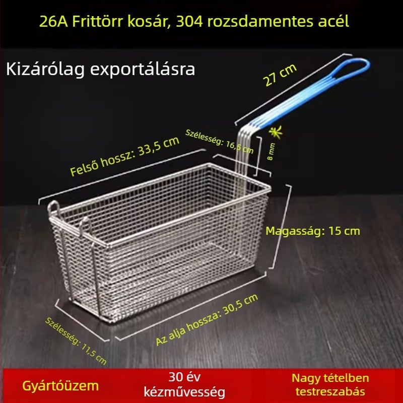 Elektromos fritőz olajszabályozó kosárral, négyzet alakú olajszűrő hálóval és sűrű fritőzhálóval – fémszerkezet
