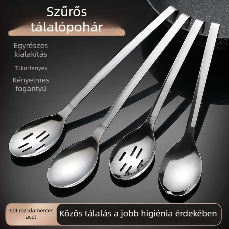 Rozsdamentes acél büfé tálalókanál beépített szűrővel és lézerrel gravírozott logóval