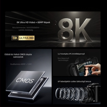 8K tükör nélküli kamera Wi‑Fi-vel, periszkópos zoom objektív, CMOS szenzor 48 MP