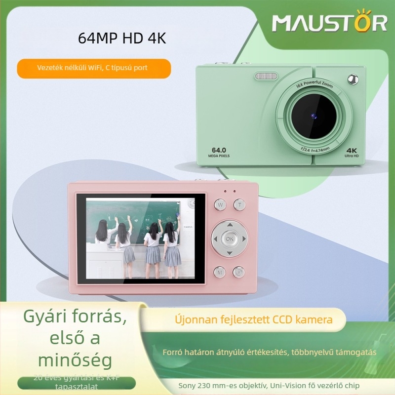 Retro stílusú CCD kamera, 64 MP, 4K, Wi‑Fi, digitális fényképezőgép — ajándék