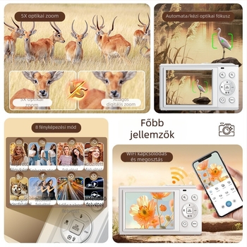 Két kijelzős szelfi digitális kamera, 5x optikai zoom, CMOS 16MP (1/2.8), 3840x2160@30fps