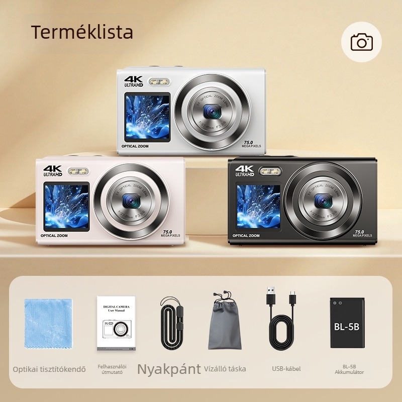 Két kijelzős szelfi digitális kamera, 5x optikai zoom, CMOS 16MP (1/2.8), 3840x2160@30fps