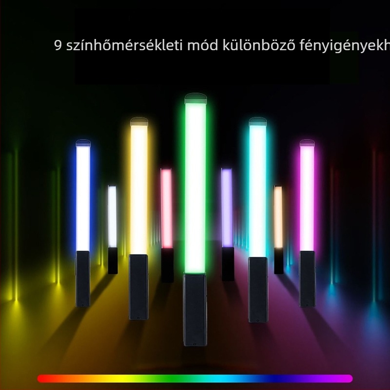 RGB LED kézi töltőfénypálca lépcsőmentes fényerő-szabályozással, kilenc hőmérséklet-beállítás, 10W teljesítmény, beépített 5200mAh akkumulátor, USB töltés