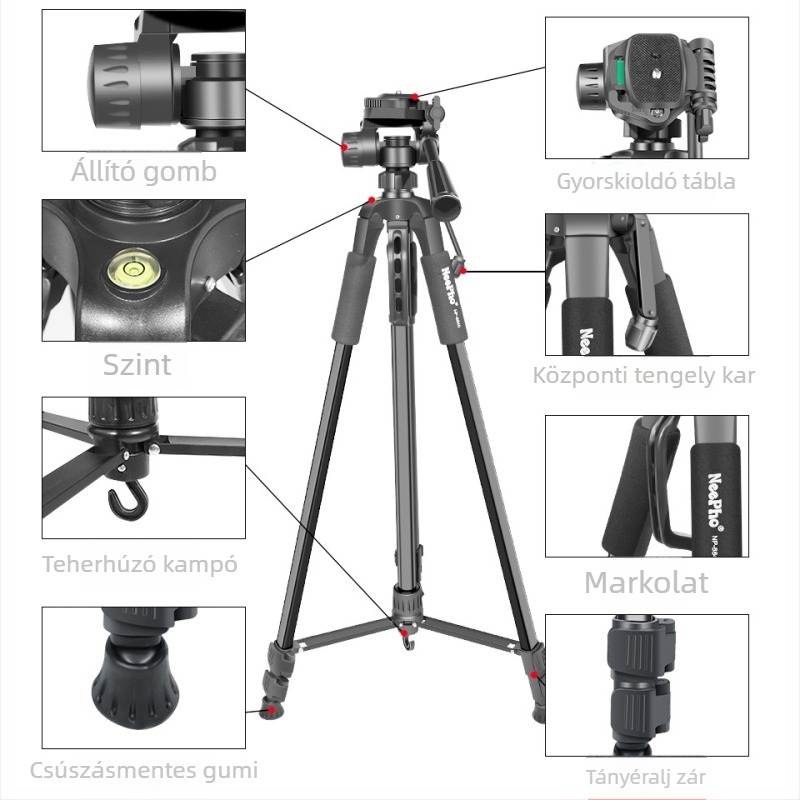 NP-8840 Mobiltelefonos fényképező stabilizátor tripod, alumíniumötvözet és ABS kivitel, 3D PTZ, 3-szekciós kialakítás, teherbírás 2-5 kg, gyorsoldó lemezzel