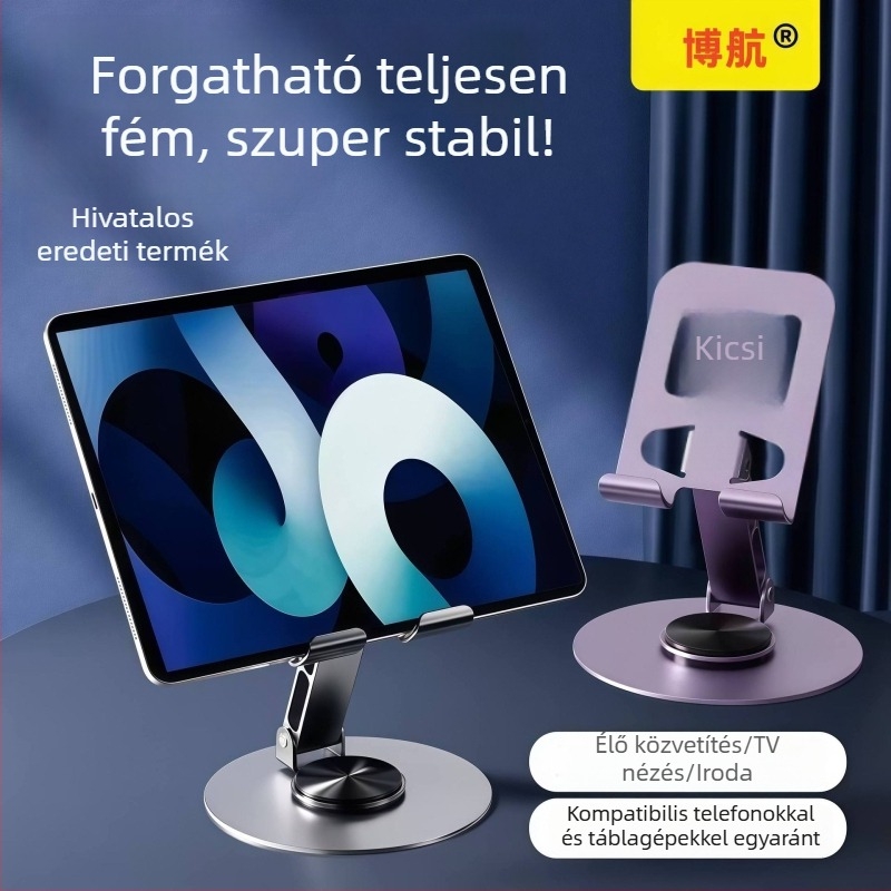Teljesen fémből készült forgó telefon- és tabletállvány, összecsukható perforált dizájnnal a hőleadásért, asztali állvány
