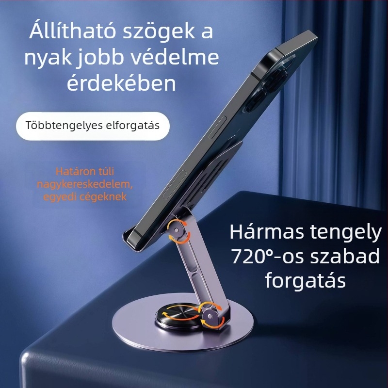 Teljesen fémből készült forgó telefon- és tabletállvány, összecsukható perforált dizájnnal a hőleadásért, asztali állvány