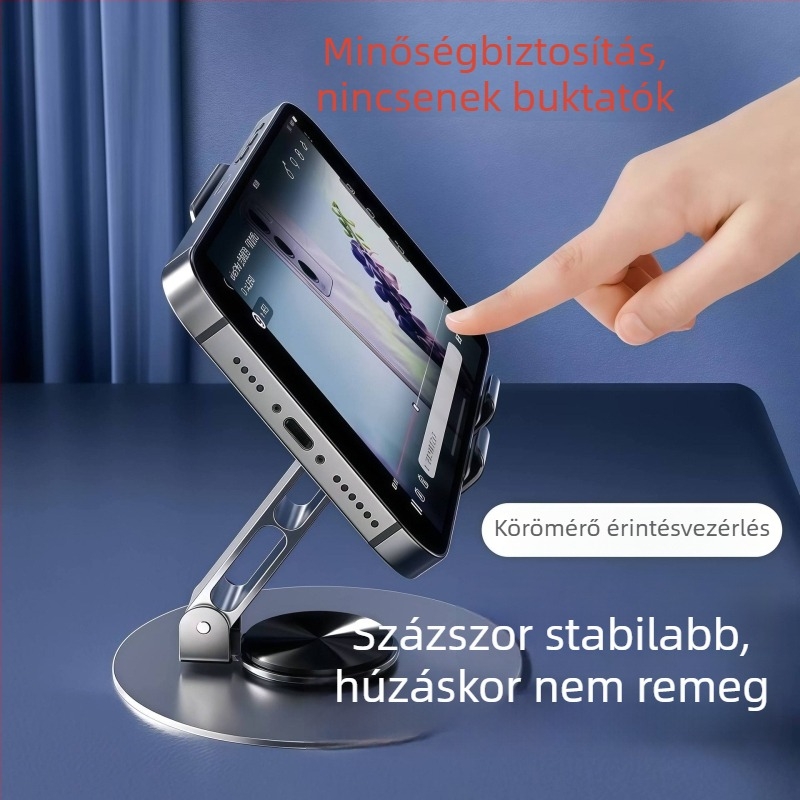 Teljesen fémből készült forgó telefon- és tabletállvány, összecsukható perforált dizájnnal a hőleadásért, asztali állvány