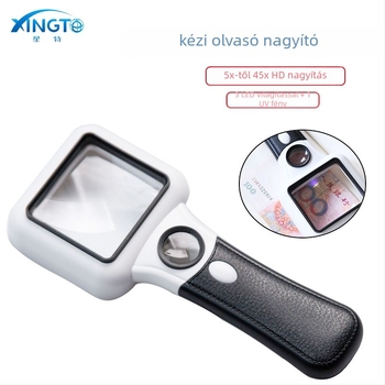 TH-6018 kézi nagyító, kétfokozatú nagyítás 5x/45x, 3 LED + UV lámpa, ABS + akril