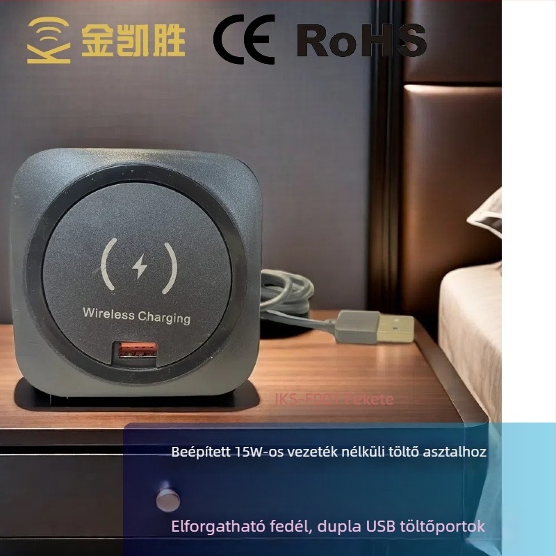 Beépített asztali vezeték nélküli töltő USB-A és USB-C portokkal, 15W Qi, 60 mm-es szerelési lyuk, QC3.0 gyors töltés