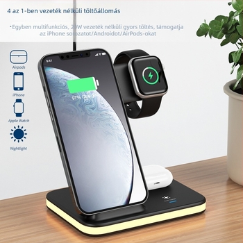 Függőleges 4 az 1-ben vezeték nélküli töltő, 15W gyors töltés PD-vel, telefonhoz, órához és Bluetooth fülhallgatóhoz, LED világítással
