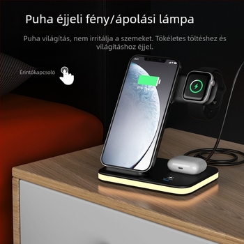 Függőleges 4 az 1-ben vezeték nélküli töltő, 15W gyors töltés PD-vel, telefonhoz, órához és Bluetooth fülhallgatóhoz, LED világítással
