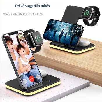 Függőleges 4 az 1-ben vezeték nélküli töltő, 15W gyors töltés PD-vel, telefonhoz, órához és Bluetooth fülhallgatóhoz, LED világítással